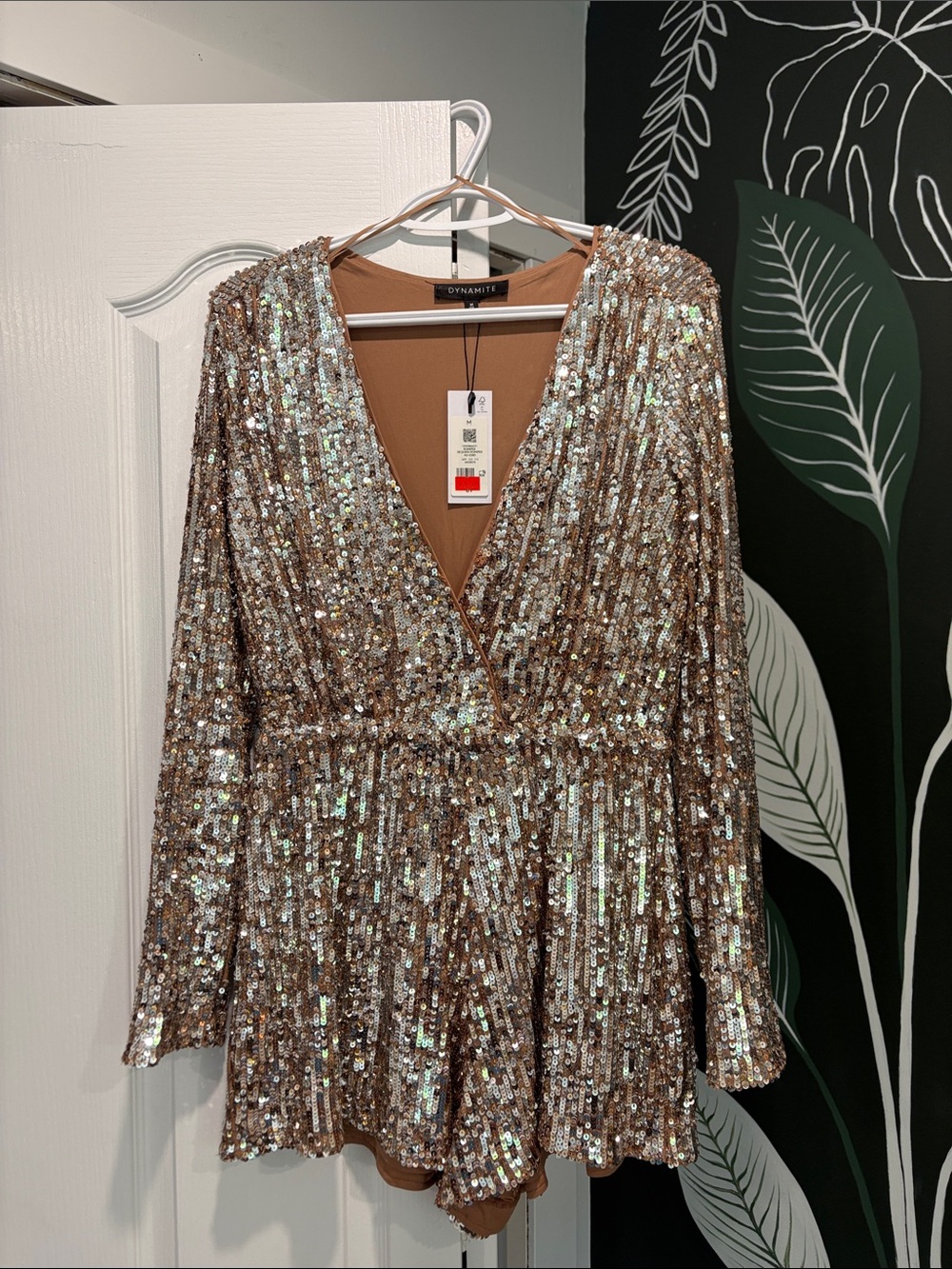 Dynamite Rose Gold Iridescent Sequin V-Neck Romper